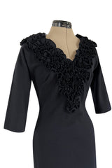 Fabulous Little Late 1950s Unlabeled Black Wool Jersey Ruffled Hem & Collar Dress