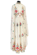 Exceptional 1960s Hand Sequinned Indian Silk Gauze Dress w Matching Veil or Shaw