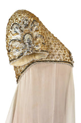c.1958-1965 Helen Rose Hand Beaded Ivory Silk Chiffon & Gold Dress