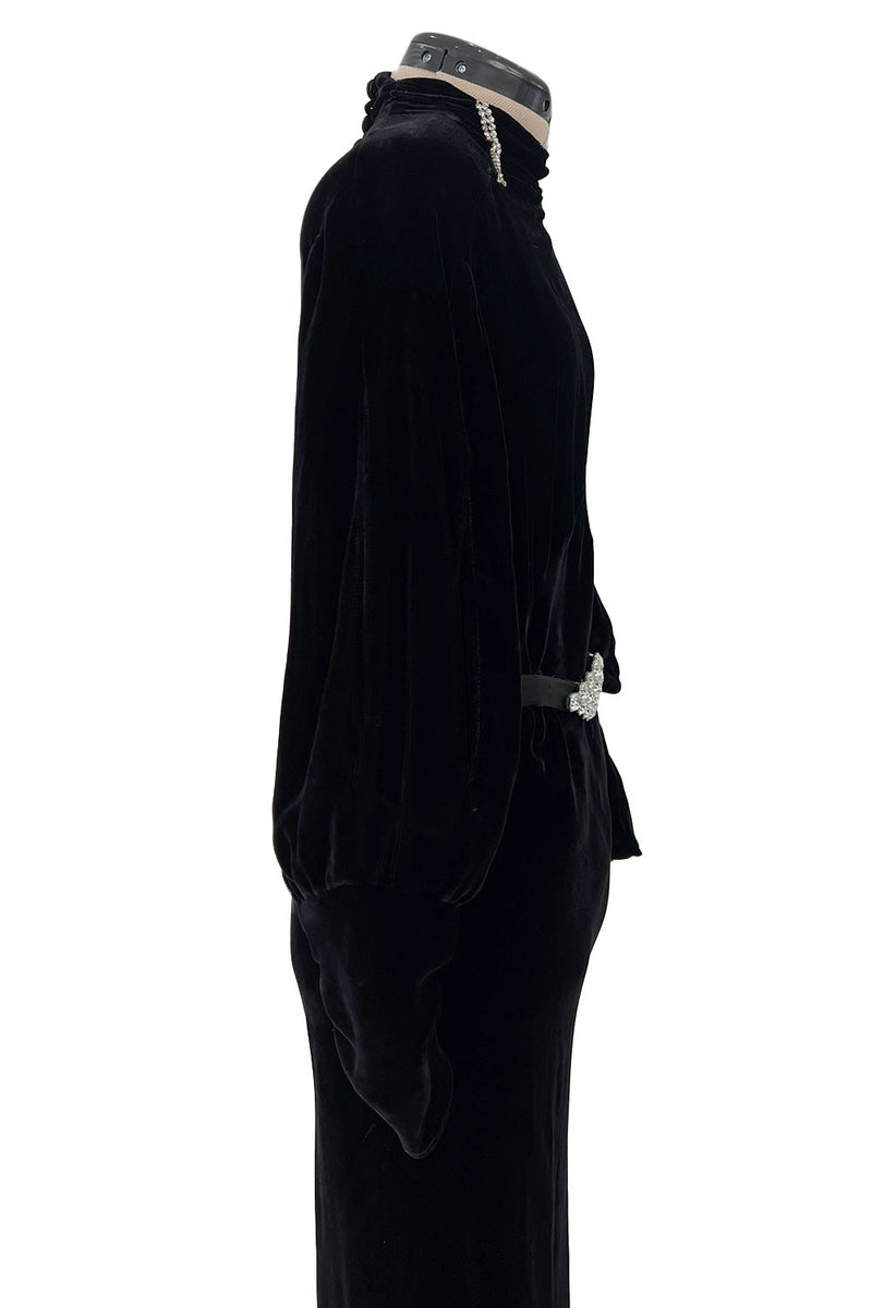 Stunning 1930s Black Bias Cut Silk Velvet Dress w Rhinestone Detail & Brilliant Belt