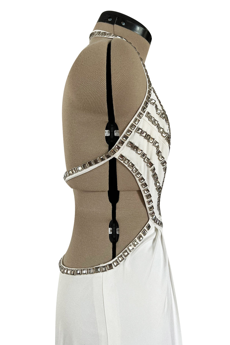 Stellar 1970s Luis Estevez Backless White Jersey Dress w Silver Studded Front