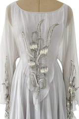 Magical 1970s Jean Varon Palest Silver Grey Chiffon Dress w Amgel Sleeves & Sequins
