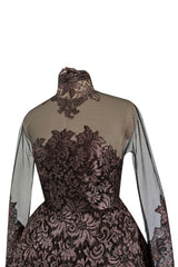 Extraordinary 1990s John Anthony Couture Deep Bronze Lace & Black Silk Netting Full Skirted Dress