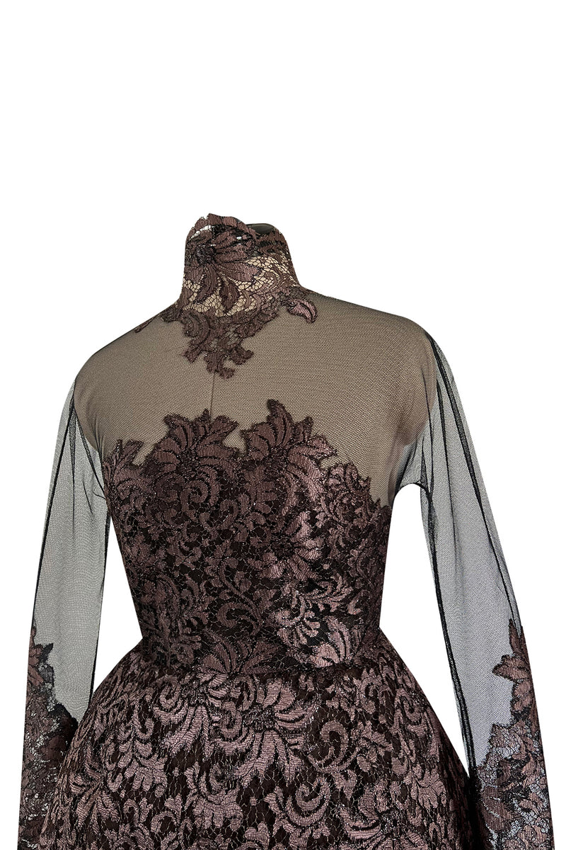 Extraordinary 1990s John Anthony Couture Deep Bronze Lace & Black Silk Netting Full Skirted Dress