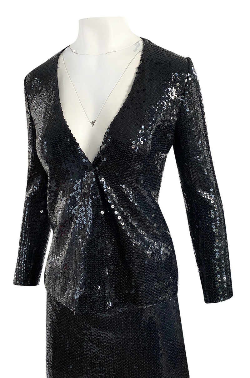 1973 Halston Couture Glossy Black Hand Applied Sequin Skirt & Jacket Evening Suit