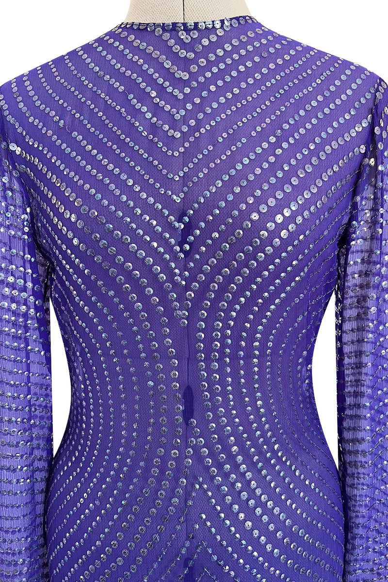 Incredible Late 1970s Halston Purple Transparent Silk Chiffon Dress w Iridescent Sequins