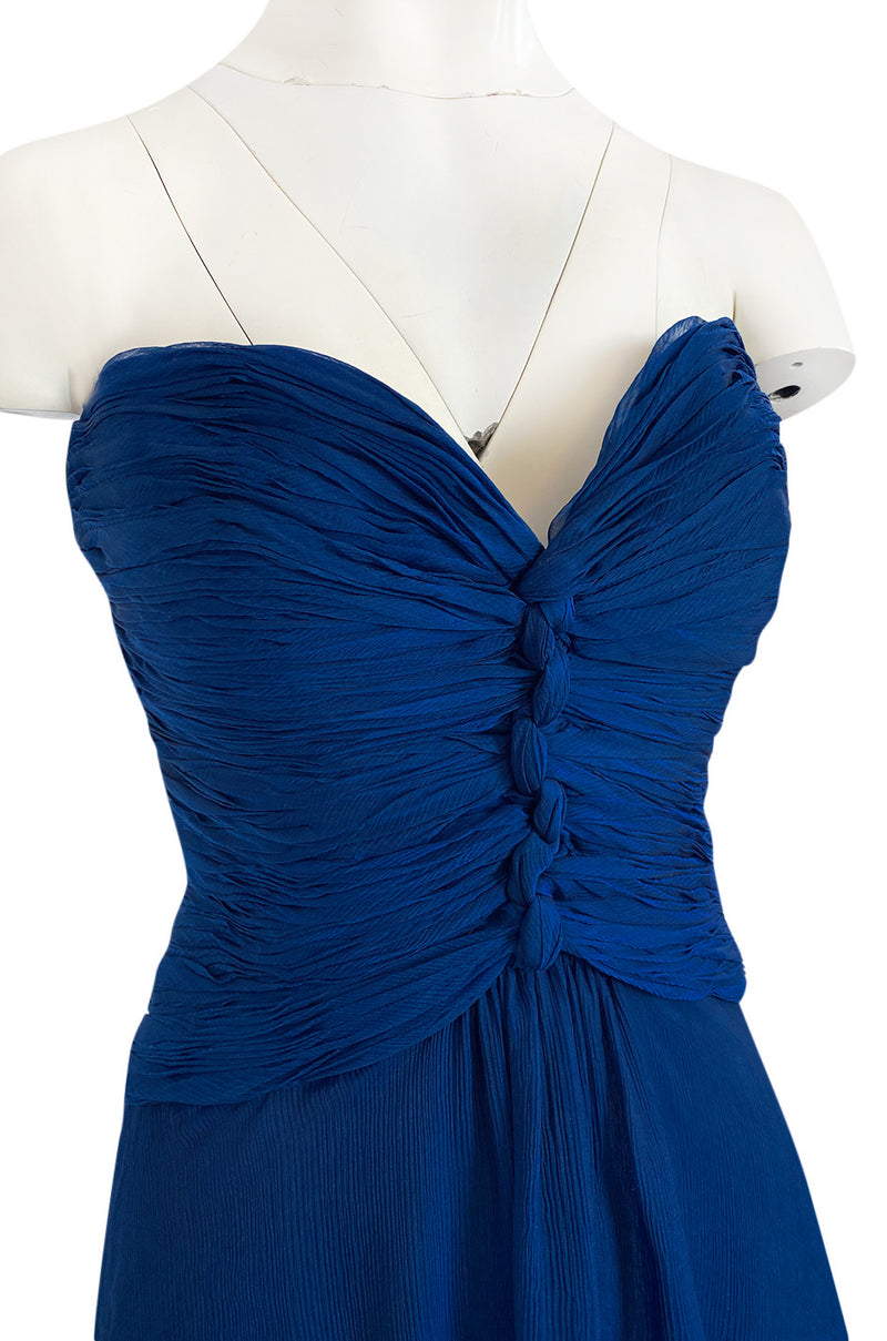 Spring 1990 Oscar De La Renta Deep Sapphire Blue Silk Chiffon Strapless Dress