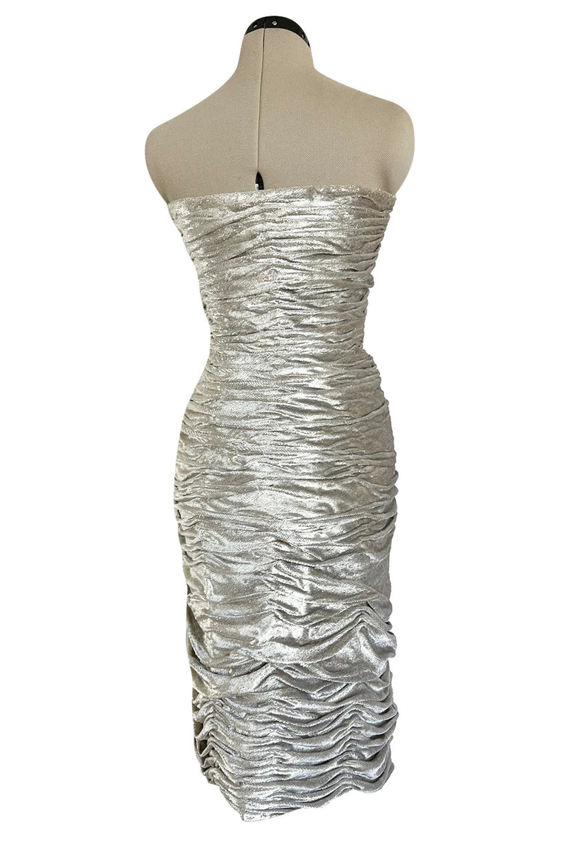 Documented Fall 1984 Emanuel Ungaro Haute Couture Silver Velvet Dress & Feather Jacket