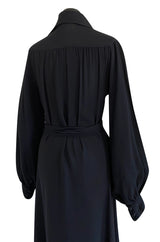 c.1969 Ossie Clark Black Moss Crepe Dress w Bishop Sleeves, Button Front & Dog Ear Collar