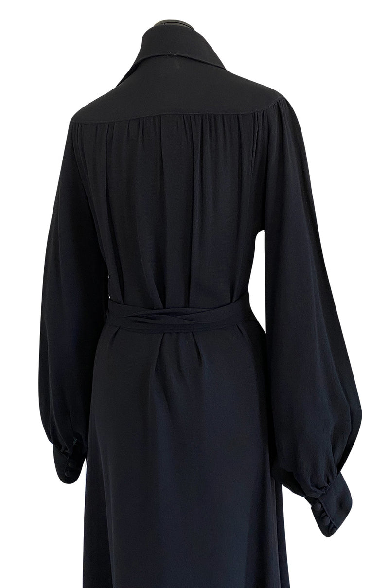 c.1969 Ossie Clark Black Moss Crepe Dress w Bishop Sleeves, Button Front & Dog Ear Collar