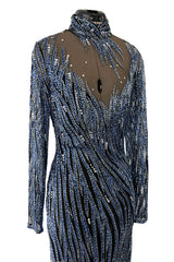 Incredible 1980s Bob Mackie Blue & Silver Beaded & Sequin Dress on Black Net