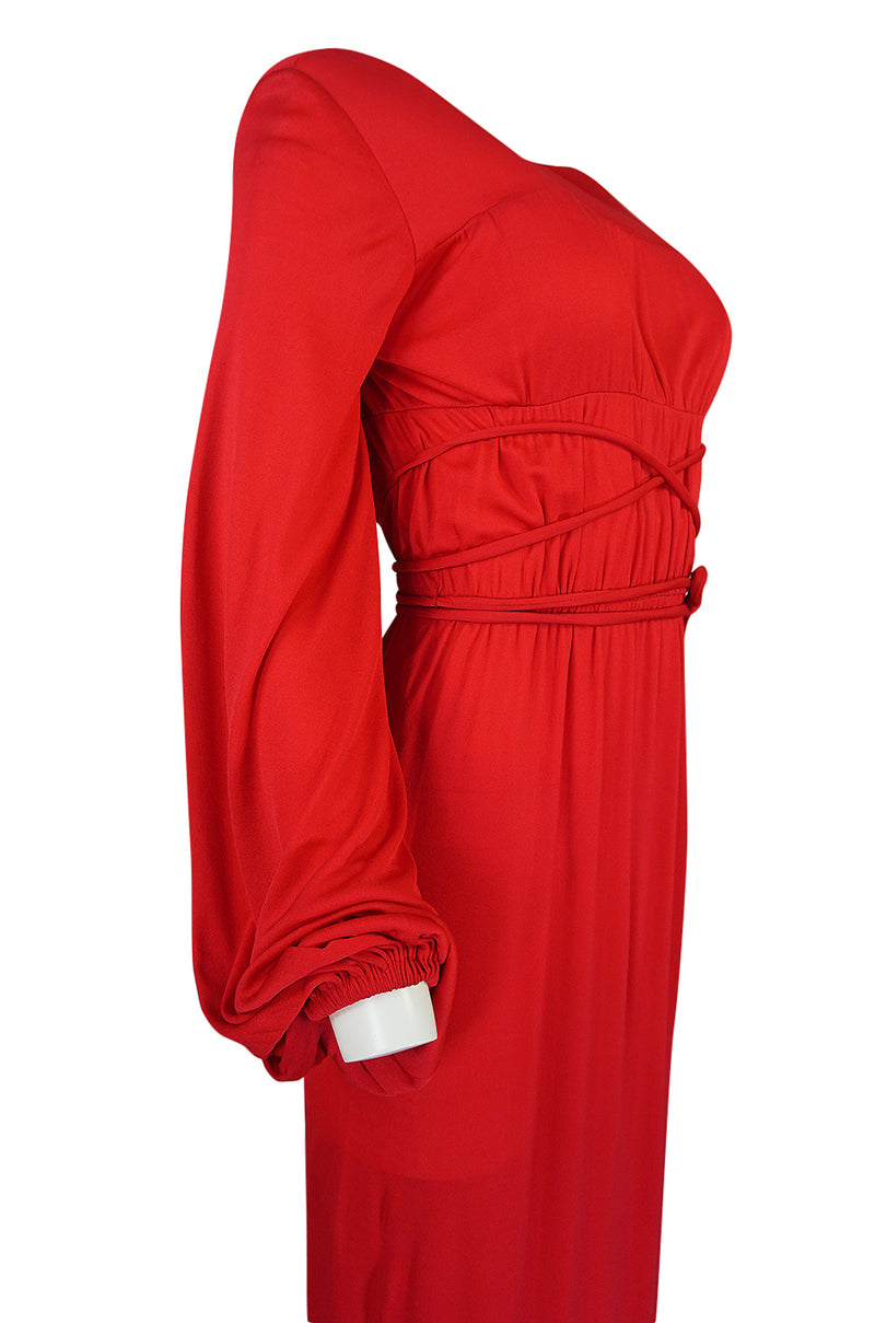 Documented 1973 Bill Blass Couture Tie Detailed Red Silk Jersey Dress