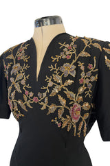 Stunning 1930s Unlabeled Moss Silk Crepe Dress w Dense Beading Sequin & Gold Thread Embroidery