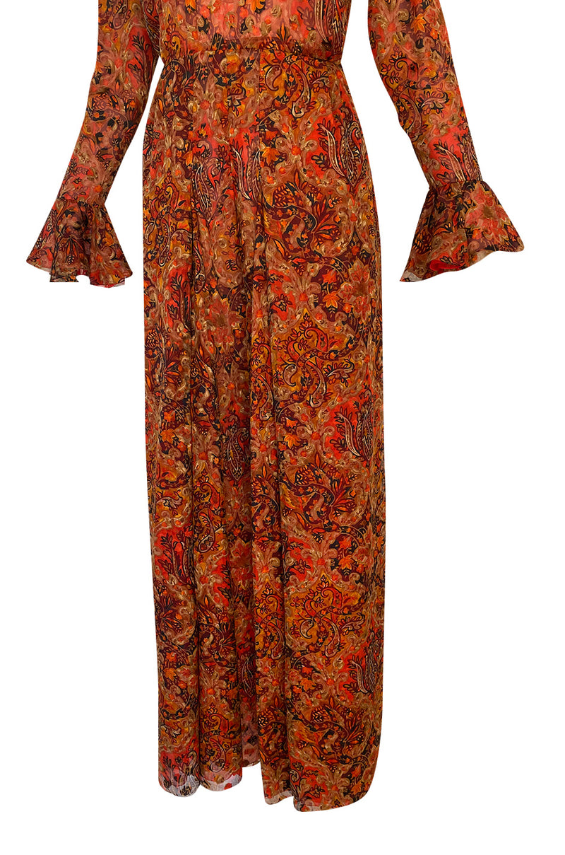 Late 1970s James Galanos Printed Rust & Coral Silk Chiffon Jumpsuit w Extra Wide Slit Pant Legs