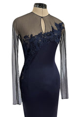 Incredible Early 2000s John Anthony Couture Blue Silk Jersey Dress w See Through Lace  Side & Bodice