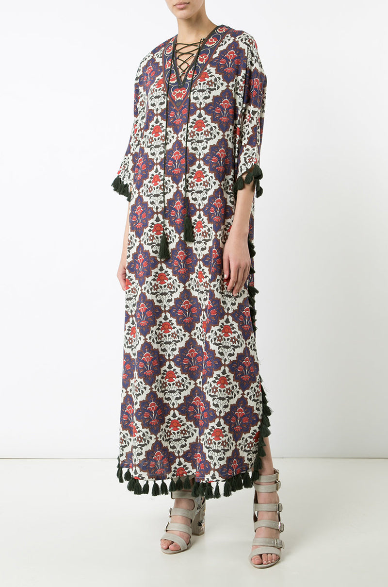 2016 Rhode Resort 'Casu' Printed Cotton Voile Tasseled Caftan Dress