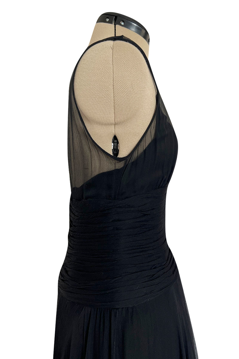 1980s Chanel by Karl Lagerfel Black Silk Chiffon Dress w Gold Button Detailing