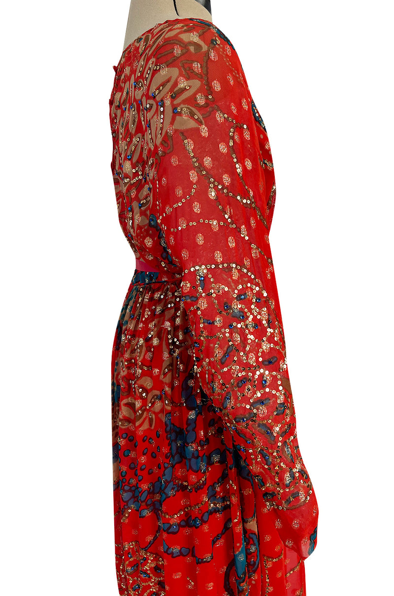 1970s Malcolm Starr by Youssef Rizkallah Sequinned Metallic Gold Lurex & Printed Red Silk Maxi Dress
