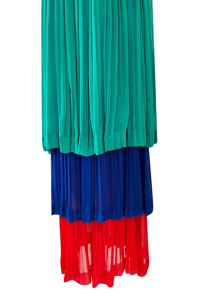Spectacular Spring 1979 Yves Saint Laurent Silk Chiffon Pleat Dress In Green Blue & Red