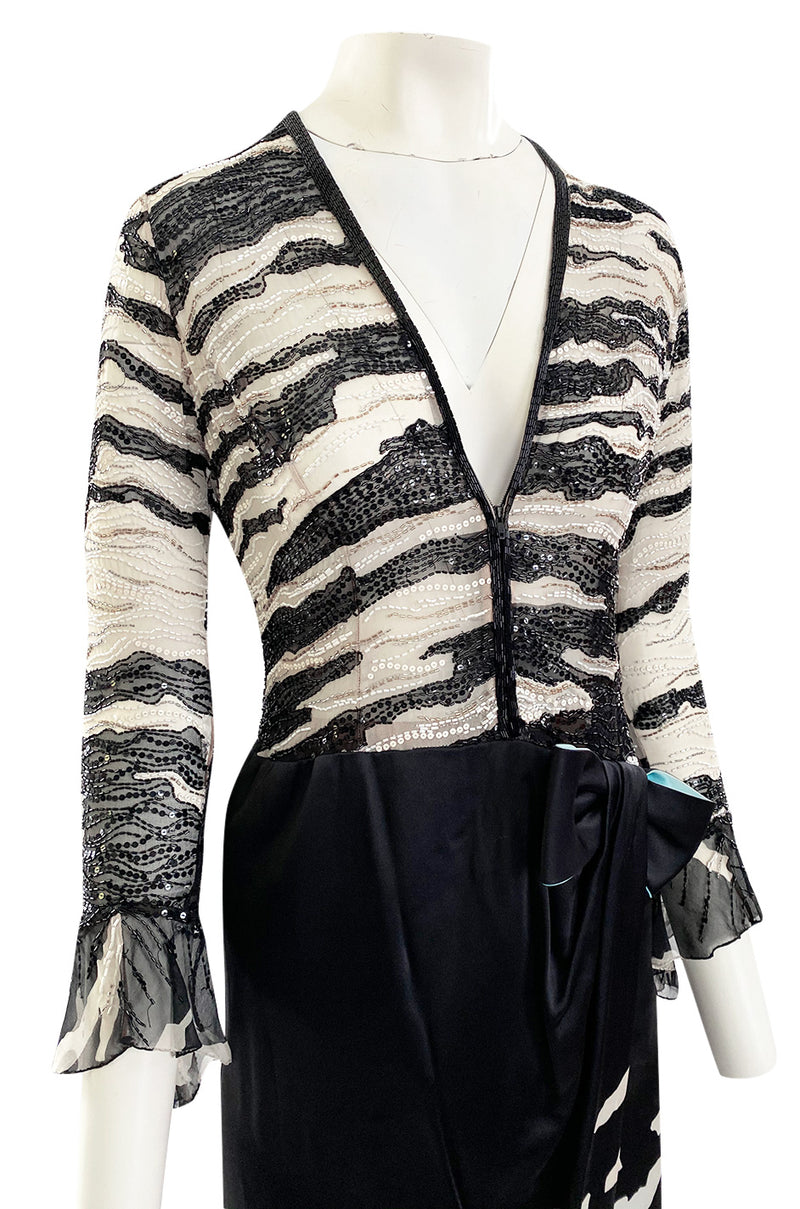 1996 Hanae Mori Haute Couture Hand Beaded Silk Chiffon & Printed Silk Dress