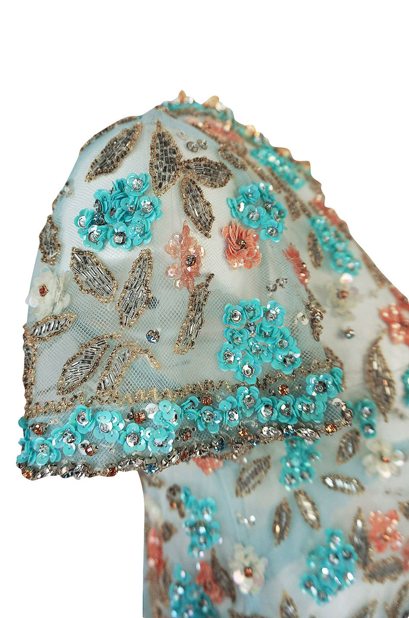 1960s French Pale Blue Hand Beaded & Sequin on Net Dress