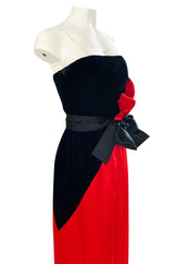 Dramatic 1970s Bill Blass Red Silk & Black Velvet Strapless 'Flame' Dress