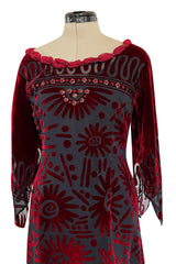 Gorgeous 1980s Zandra Rhodes Deep Red Cut Velvet Caftan Dress w Beaded Detailing