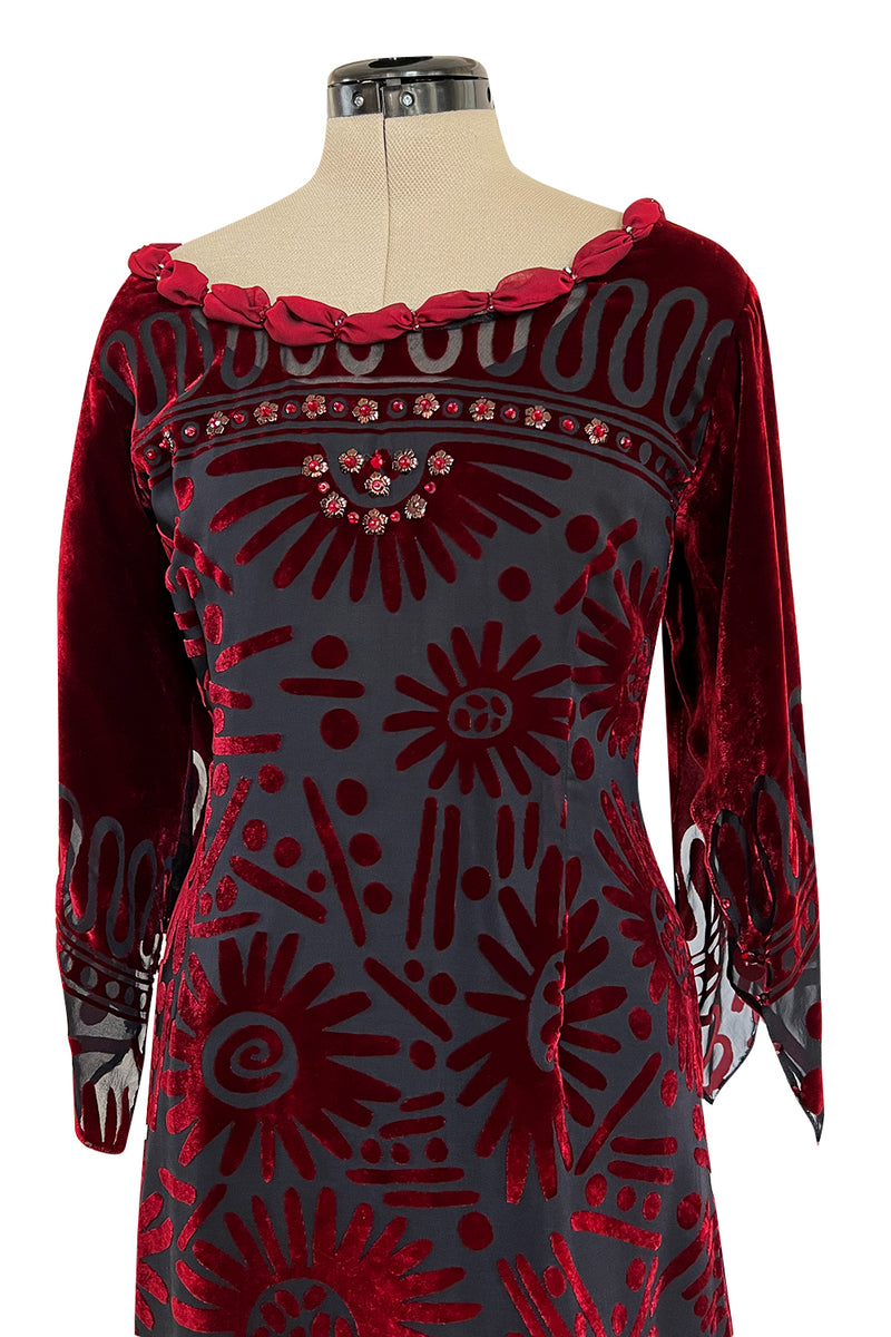 Gorgeous 1980s Zandra Rhodes Deep Red Cut Velvet Caftan Dress w Beaded Detailing