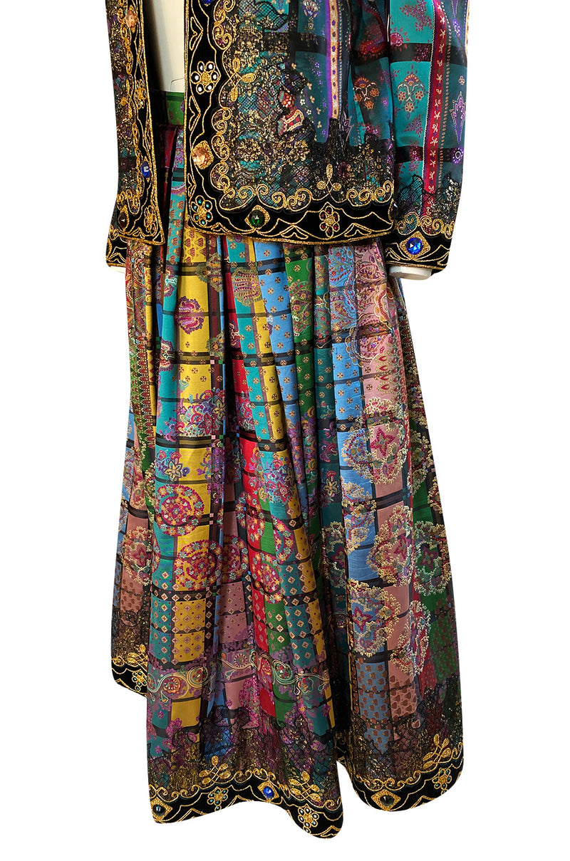 1981 Oscar De La Renta Documented Jewelled Metallic Printed Silk Jacket & Skirt Set