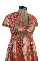 Stunning 1960s Malcolm Starr Light Silk Brocade Coral Red & Gold Metallic Thread Dress