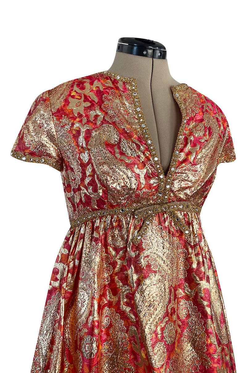 Stunning 1960s Malcolm Starr Light Silk Brocade Coral Red & Gold Metallic Thread Dress