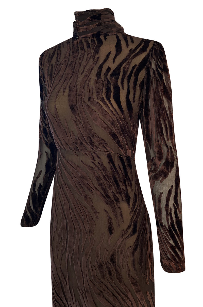 1970s Pauline Trigere Fused Velvet & Chocolate Silk Chiffon Dress w Attached Tie at Neck