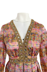 1960s Possible OLDR Metallic Pink & Gold Organza Dress w Gold Braid & Rhinestones