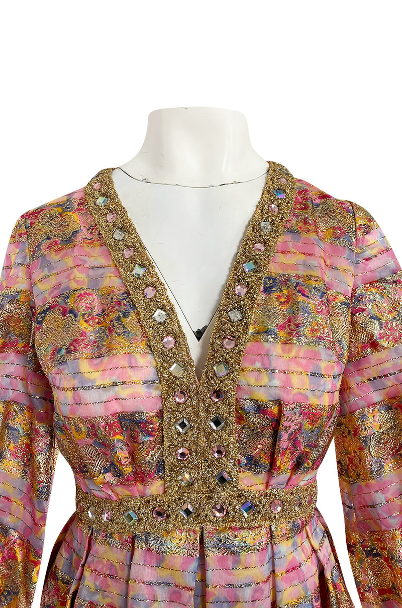 1960s Possible OLDR Metallic Pink & Gold Organza Dress w Gold Braid & Rhinestones