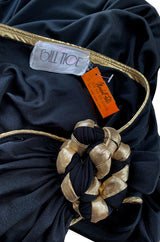 1981 Bill Tice Black One Shoulder Jersey Dress w Gold Lame Flower Detailing
