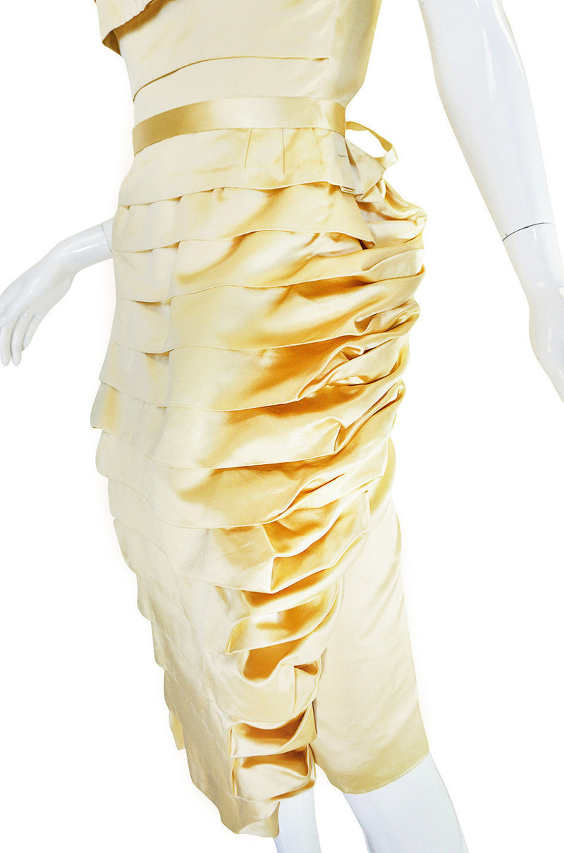 1950s Demi-Couture Pale Yellow Silk Satin Pleat Dress