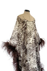 1960s Unlabeled Brown Floral Print Chiffon Caftan Dress w Feather Trim & Bare Shoulder Cut