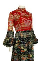 1960s Mollie Parnis Metallic Gold, Red & Black Floral Print Silk Dress