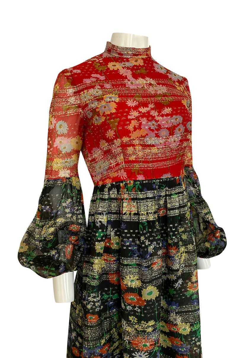 1960s Mollie Parnis Metallic Gold, Red & Black Floral Print Silk Dress