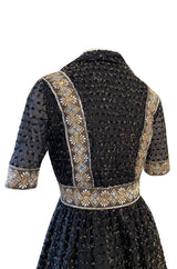 Late 1960s Oscar De La Renta Gold Metallic Eyelash Silk Organza Dress w Silver Metallic Detailing