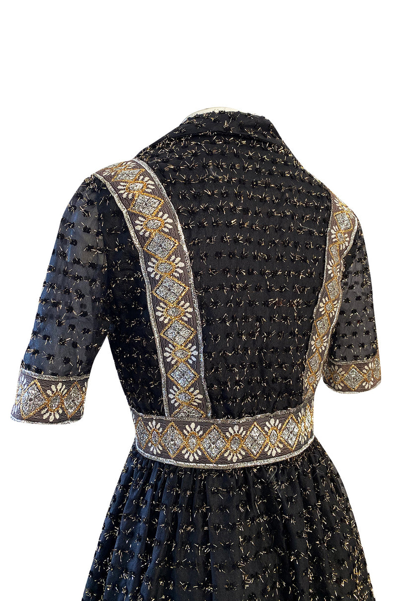 Late 1960s Oscar De La Renta Gold Metallic Eyelash Silk Organza Dress w Silver Metallic Detailing