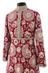 Stunning 1970s Adele Simpson Red & Gold Brocade Dress w Rhinestone Detailing