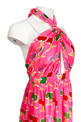 1973 Oscar de la Renta Brilliant Pink Backless Halter Dress w Front Keyhole