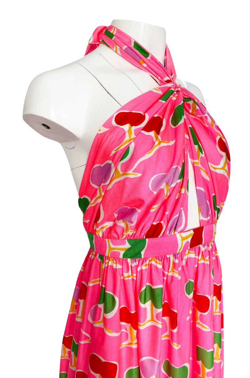 1973 Oscar de la Renta Brilliant Pink Backless Halter Dress w Front Keyhole