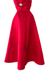 Late 1940s, Early 1950s Strapless Red Silk Satin Full Skirt Dress w Rhinestone Detailing
