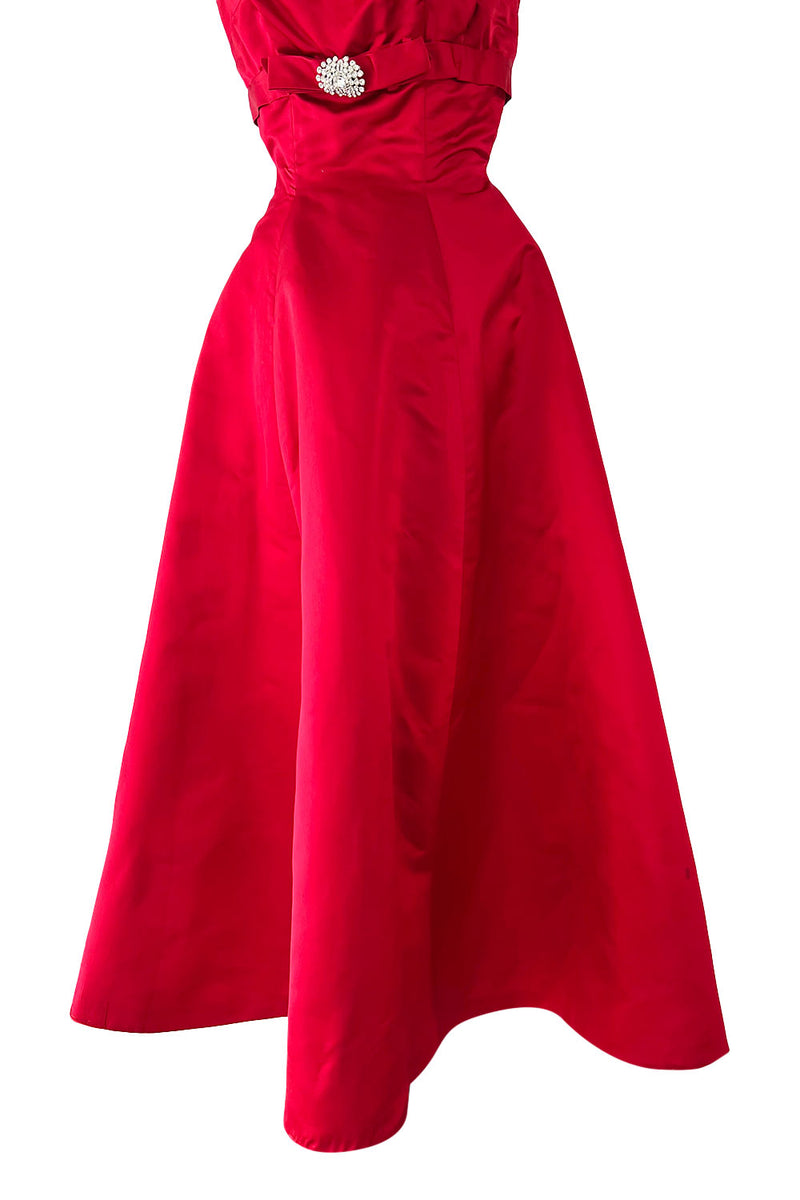 Late 1940s, Early 1950s Strapless Red Silk Satin Full Skirt Dress w  Rhinestone Detailing