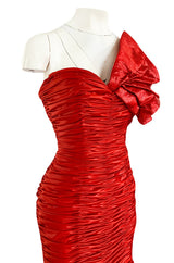 Dramatic 1987 Loris Azzaro Brilliant Red Strapless 'Flame' Dress w Flaring Skirts & Shoulder