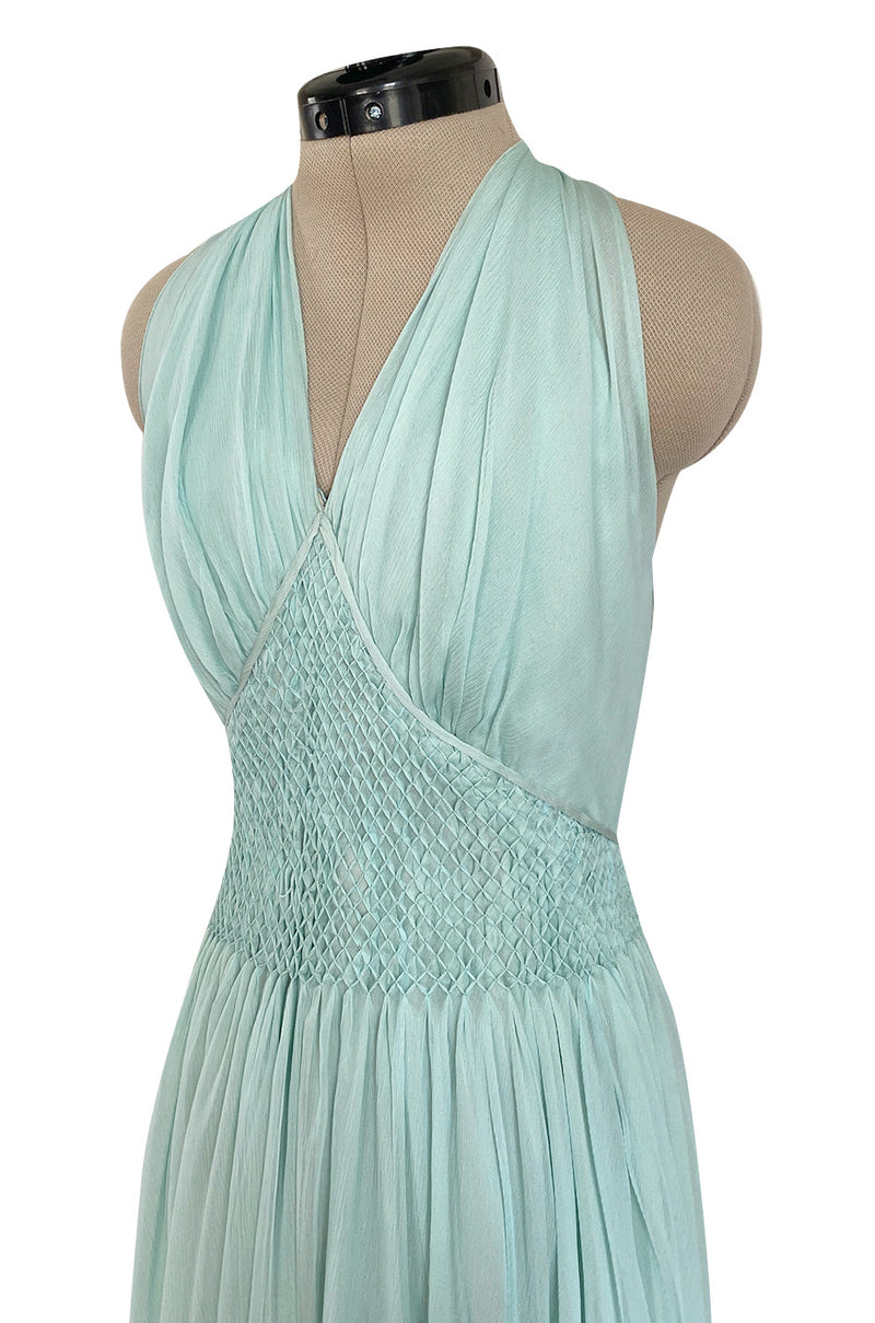 Spring 1976 Chanel Haute Couture Pale Turquoise Silk Chiffon Dress w PinTuck Gathered Front