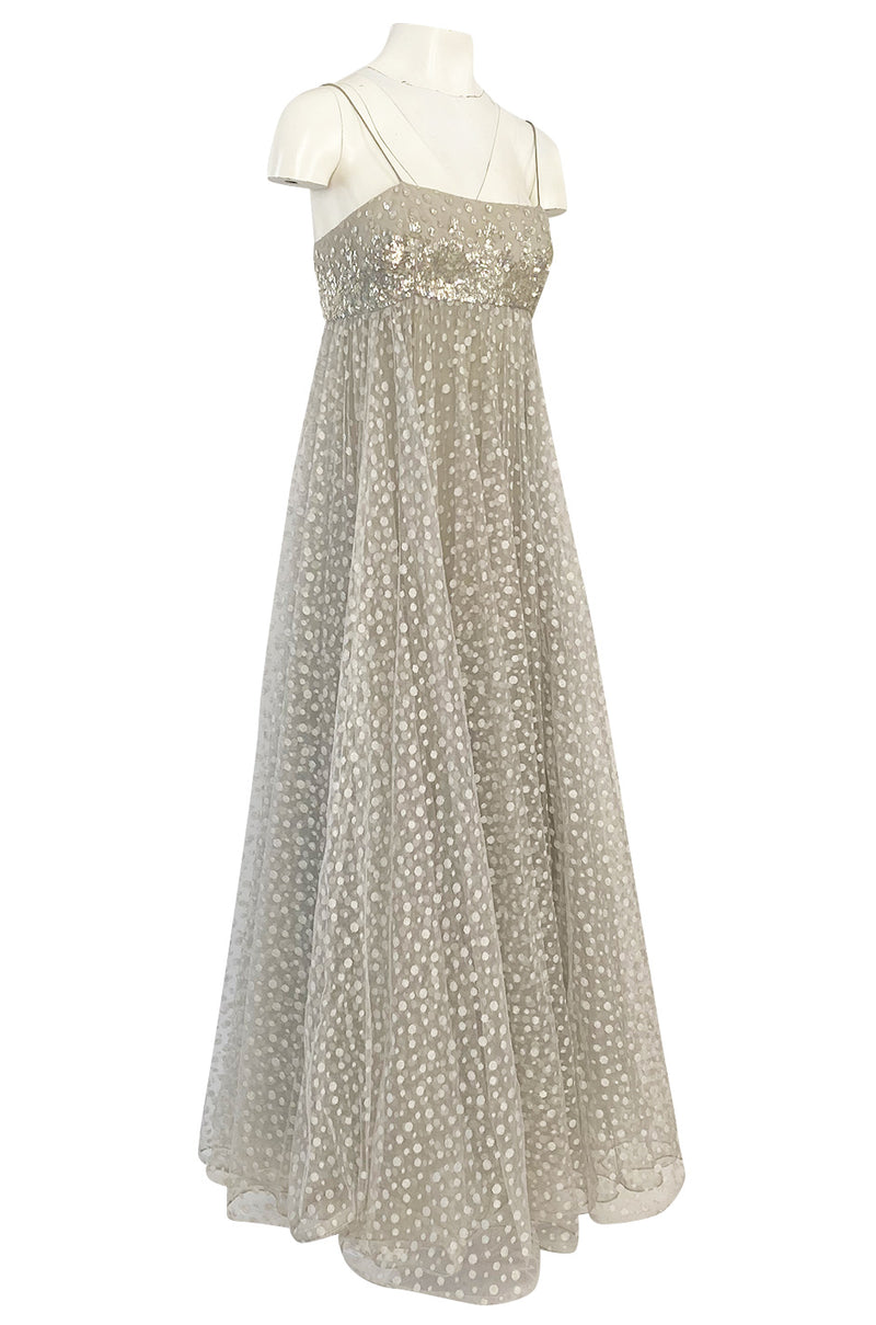 1970s Unlabeled Alfred Bosand Sequin Bodice Dotted Silk Net Dress W Matching Cape Overlay