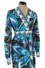 1960s Emilio Pucci Ocean Blue Printed Silk Jersey Dress w Bold